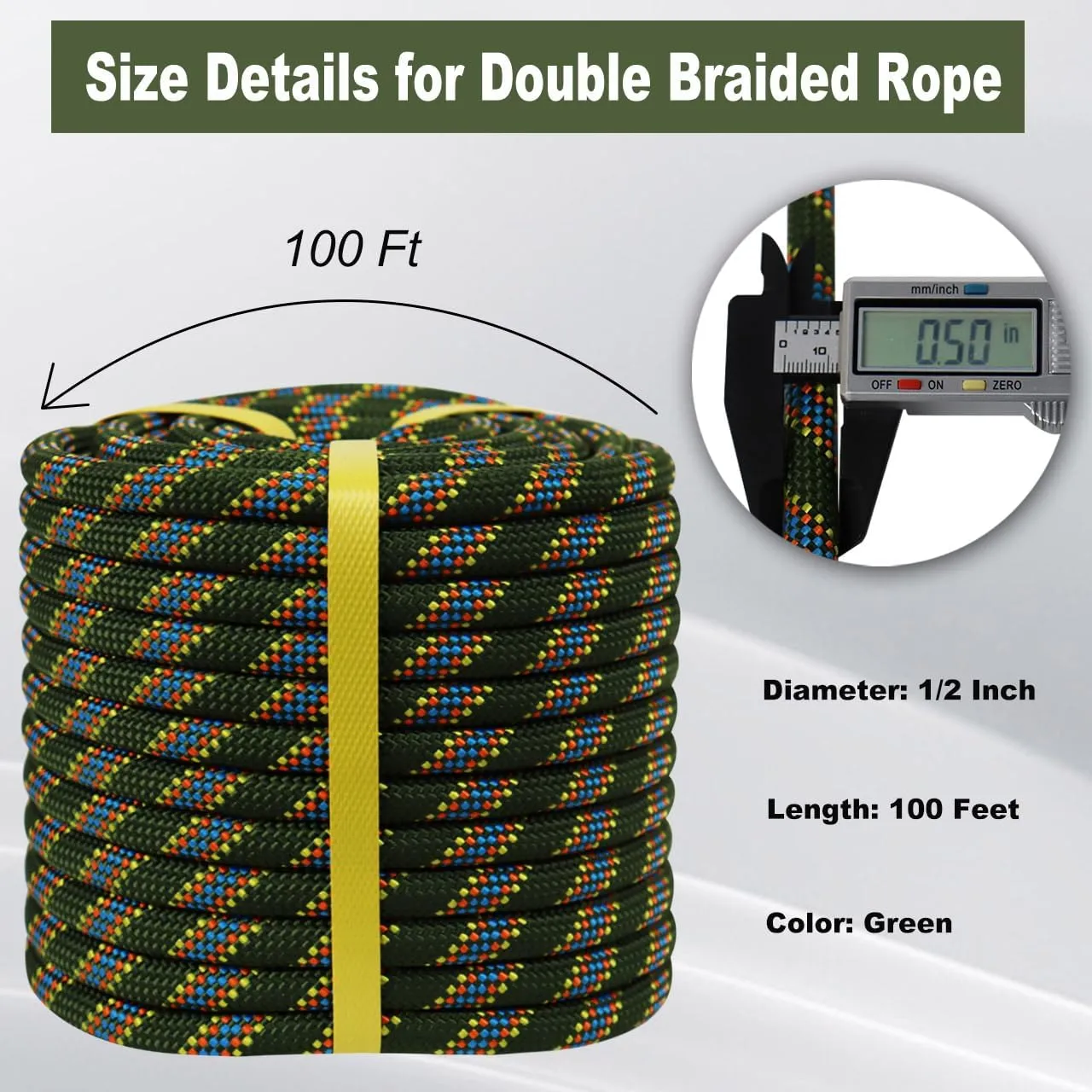 Double Braided Arborist Rope - 1/2 Inch x 100 Feet Polyester Rope - High Strength Climbing Rope for Tree Work, Halyard, Sailing (ArmyGreen/Blue)