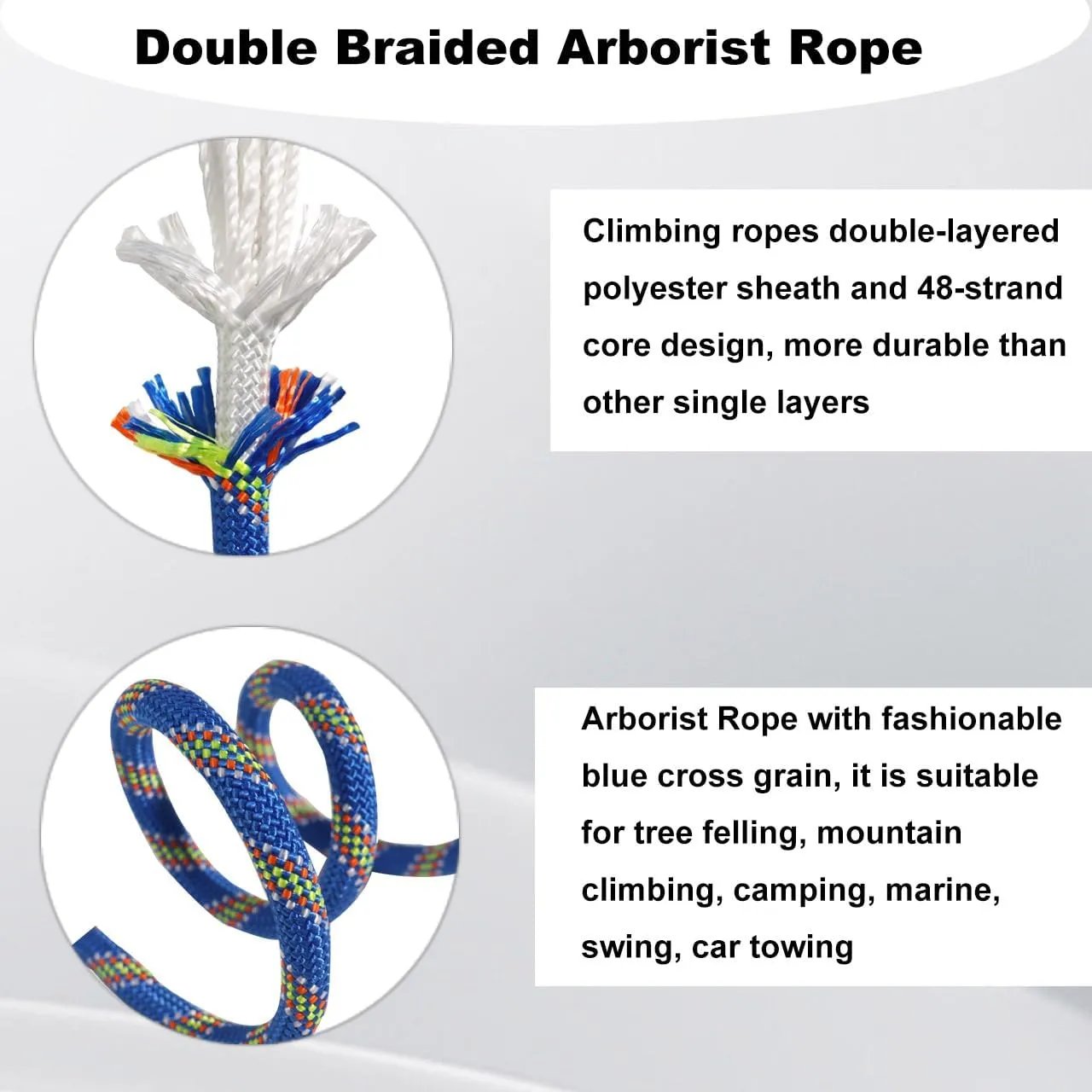 Double Braided Arborist Rope - 1/2 Inch x 200 Feet Polyester Rope - High Strength Climbing Rope for Tree Work, Halyard, Sailing (Blue)