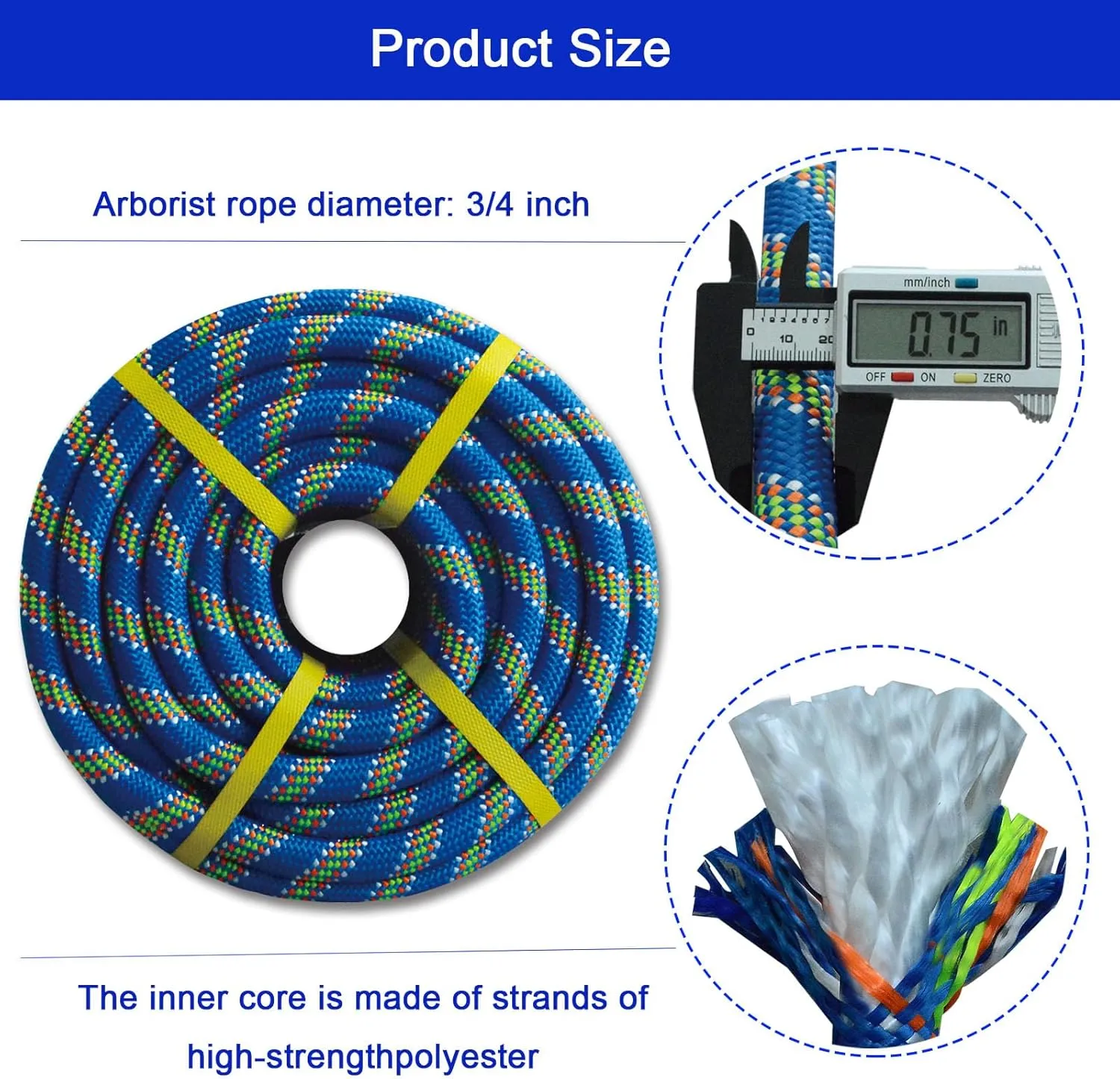Double Braided Arborist Rope - 3/4 Inch x 100 Feet - High Strength Polyester Outdoor Climbing Rope for Tree Work, Nautical, Halyard, Sailing (Blue)