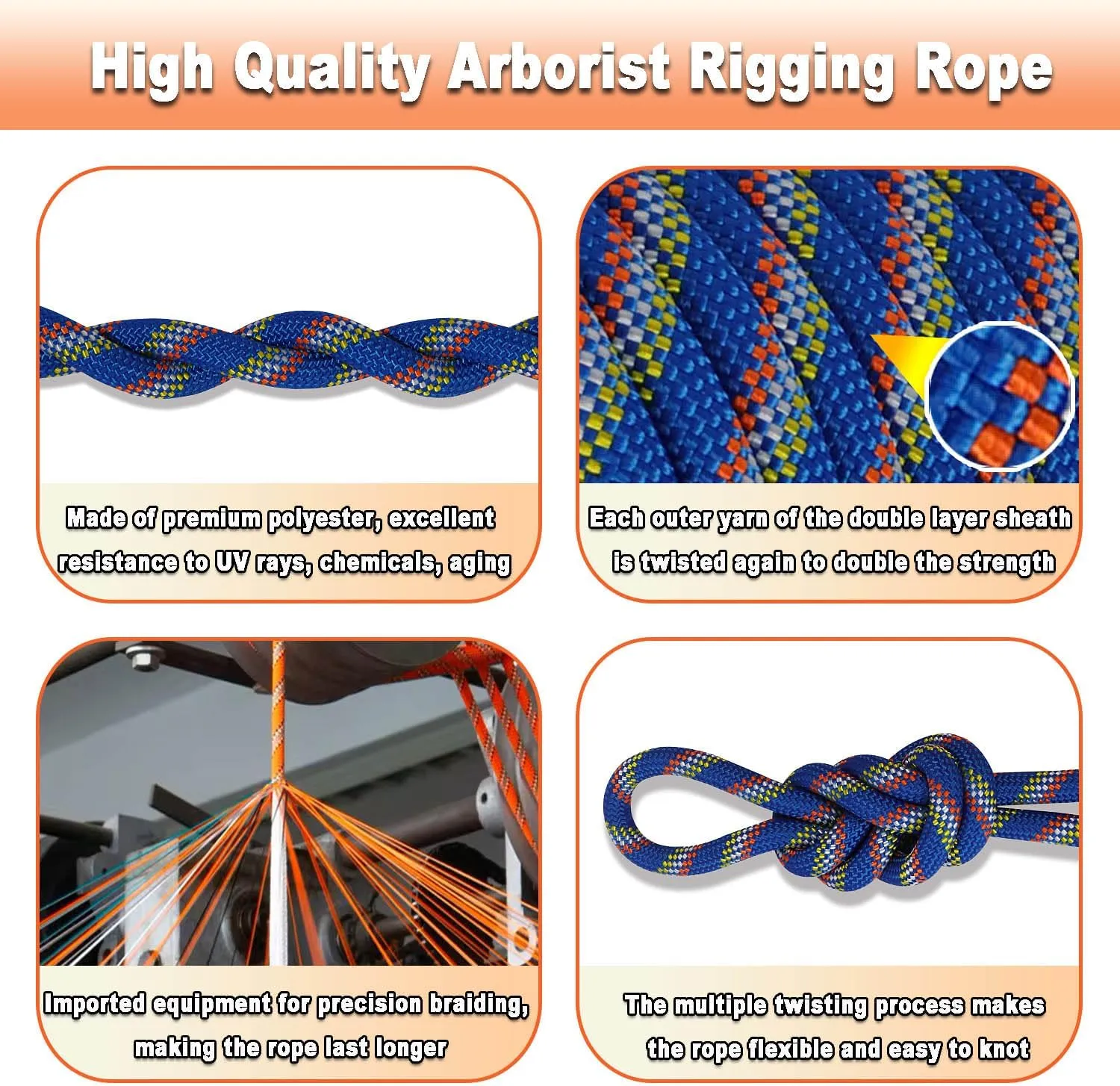 Double Braided Polyester Rope (1/2 Inch x 100 Feet) 48 Strands Strong Arborist Rope Climbing for Tree Work Pulling Swing Sailing, Blue