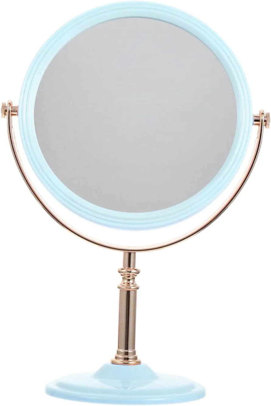 Double-Sided Rotating Vanity Mirror - Compact Desktop Cosmetic Mirror with Gold Plated Plastic Frame for Travel and Home Use Elegant Round Design for Easy Viewing