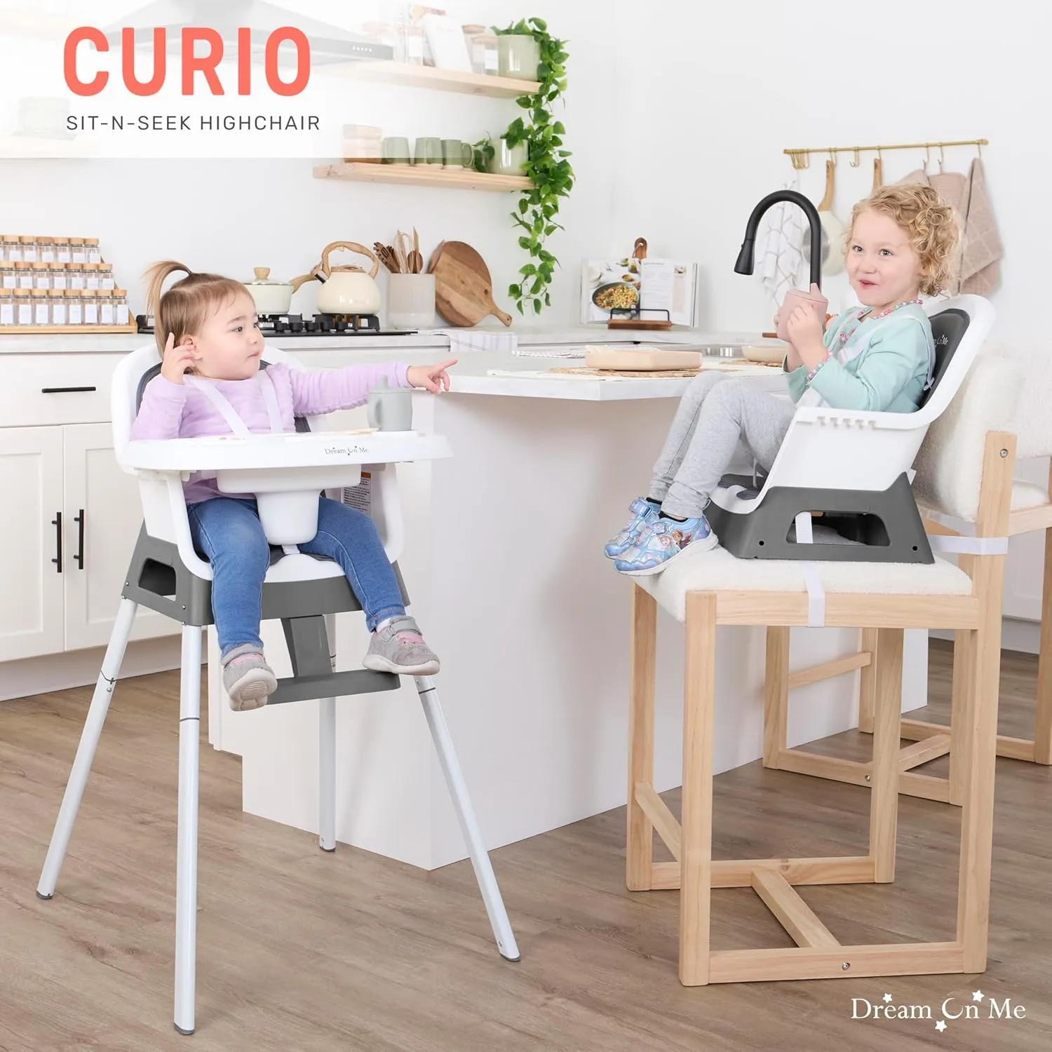 Dream On Me Curio Sit N Seek 3 in 1 Convertible Baby High Chair in Solid Grey, Removable and Adjustable Tray, Portable High Chair, Adjustable Legs, Detachable Footrest & 5 Point Safety Harness