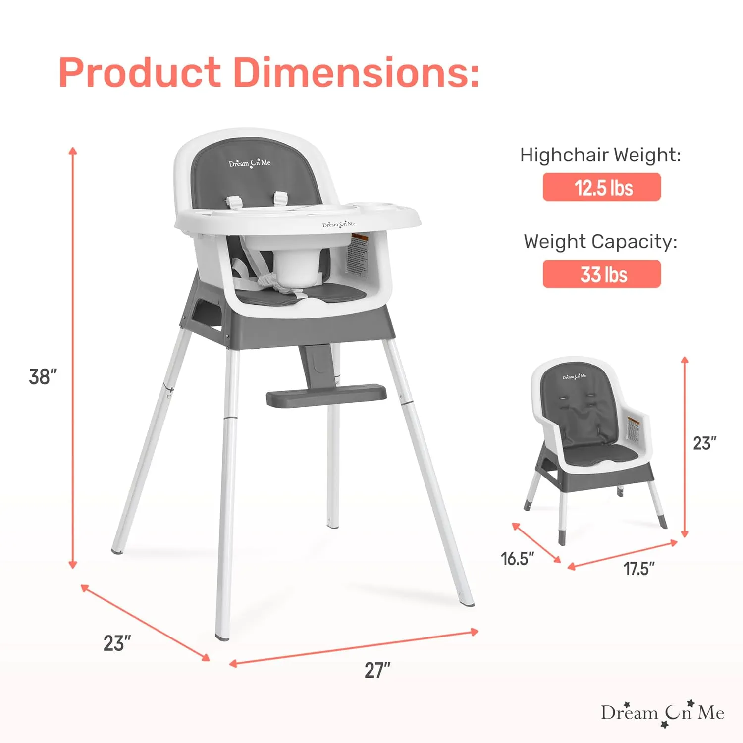 Dream On Me Curio Sit N Seek 3 in 1 Convertible Baby High Chair in Solid Grey, Removable and Adjustable Tray, Portable High Chair, Adjustable Legs, Detachable Footrest & 5 Point Safety Harness