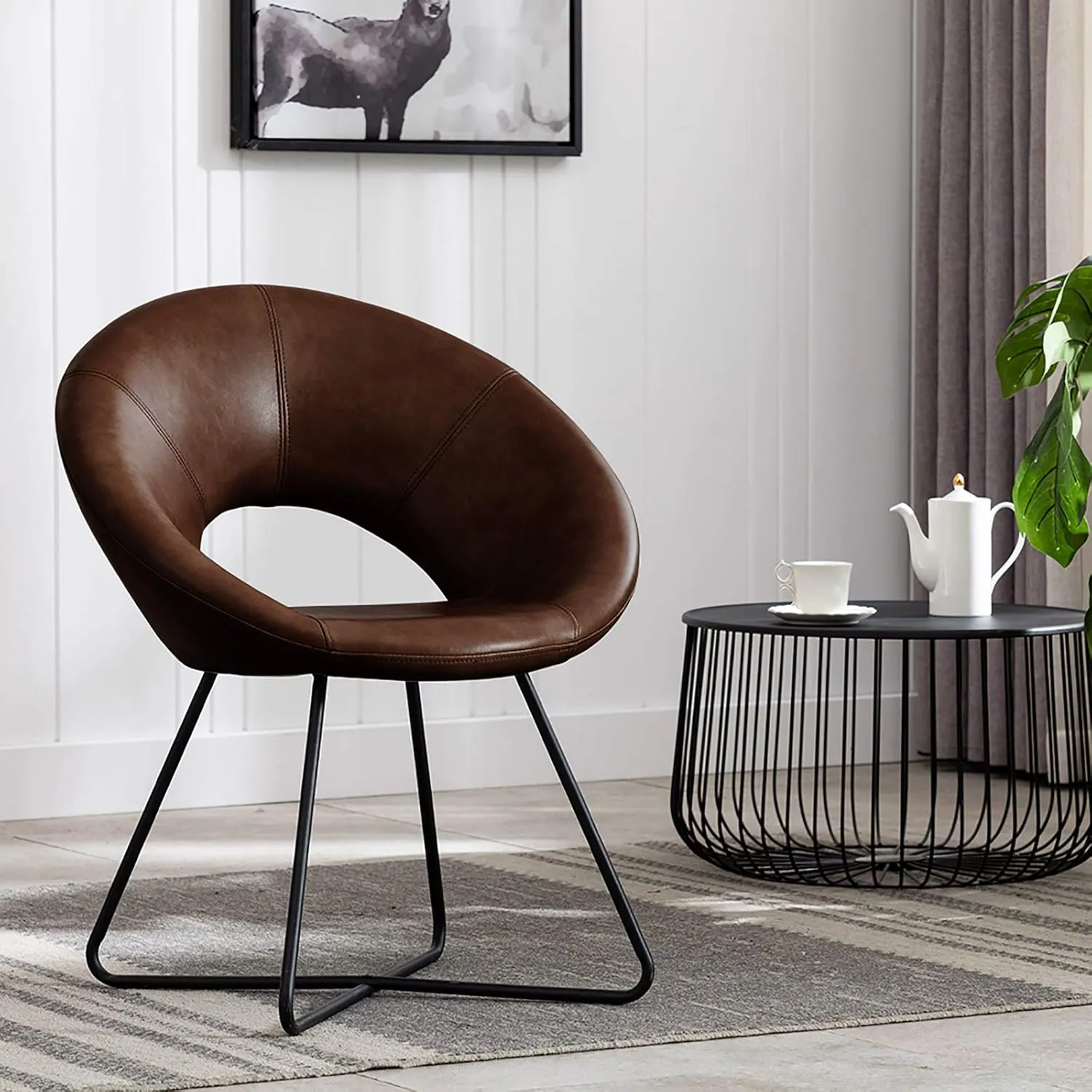 DUHOME Modern PU Leather Accent Chairs Dining Chairs Arm Chair for Living Room Furniture Mid-Century Leisure Lounge Chairs with Black Metal Legs Industrial 1 PCS Dark Brown