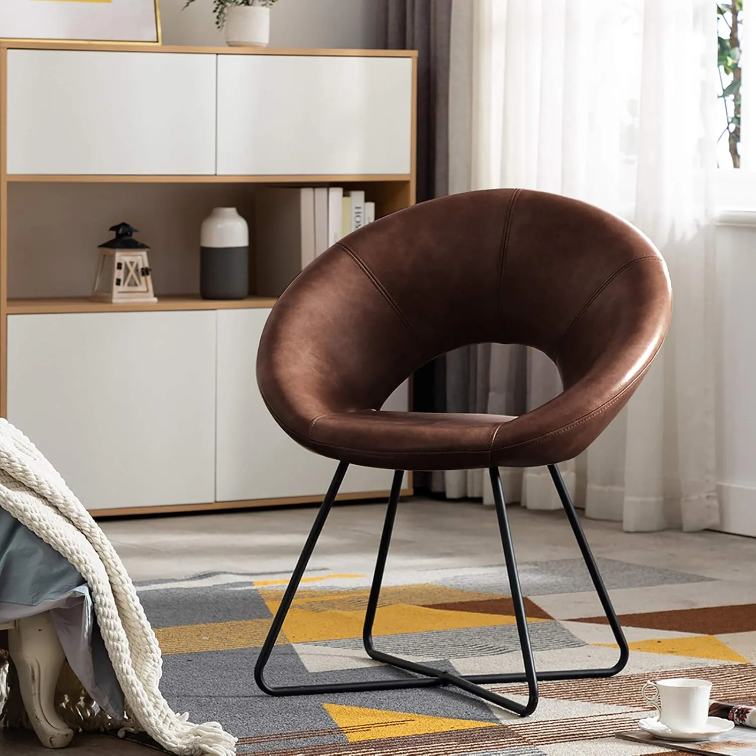 DUHOME Modern PU Leather Accent Chairs Dining Chairs Arm Chair for Living Room Furniture Mid-Century Leisure Lounge Chairs with Black Metal Legs Industrial 1 PCS Dark Brown