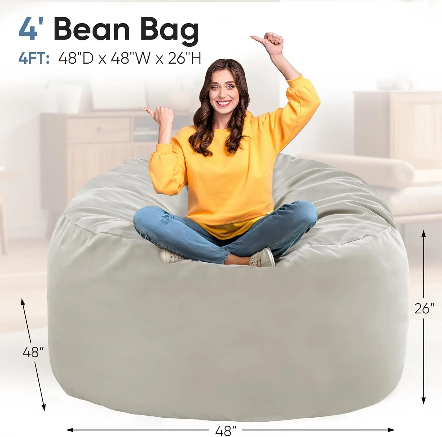 DUMOS 4FT Bean Bag Chair Beanbag for Adults and Kids Oversized Lazy Sofa Living Room Furniture with Removable Washable Cover Giant Comfy Gaming Chair Round Couch for Bedroom Dorm