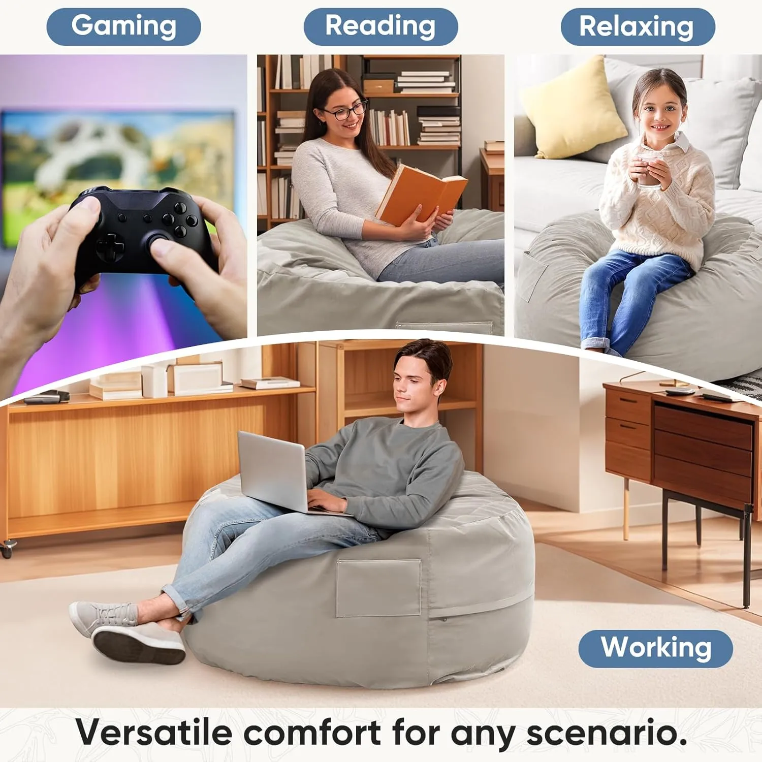 DUMOS 4FT Bean Bag Chair Beanbag for Adults and Kids Oversized Lazy Sofa Living Room Furniture with Removable Washable Cover Giant Comfy Gaming Chair Round Couch for Bedroom Dorm