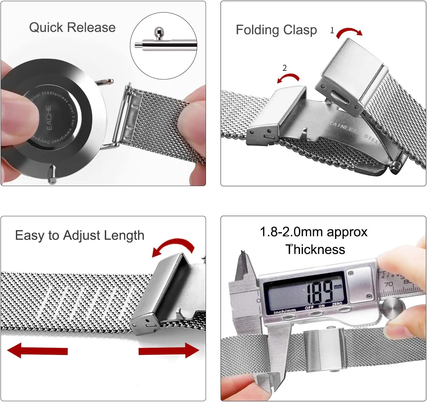EACHE Stainless Steel Mesh Watch Band for Men Women, Quick Release Mesh Watch Straps 12mm 14mm 16mm 18mm 20mm 22mm