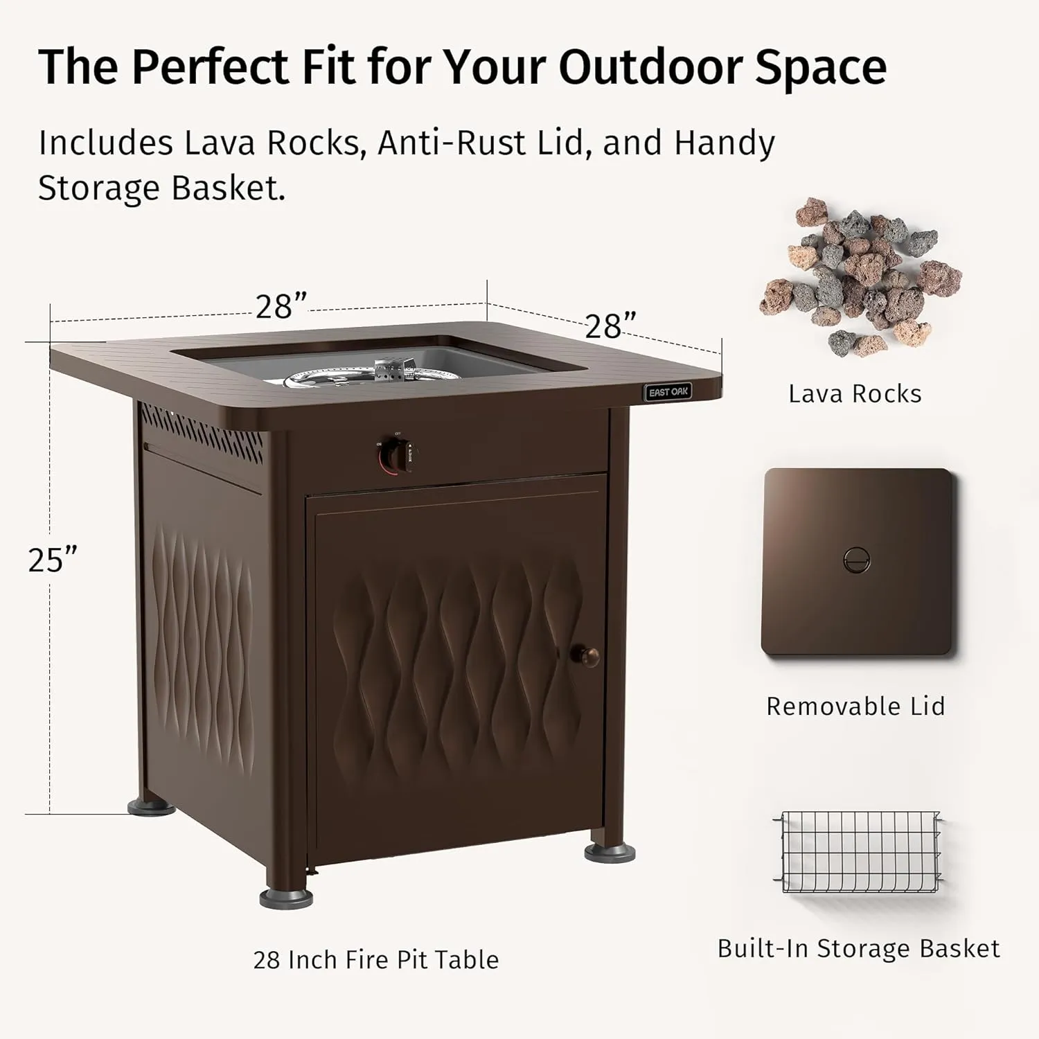 EAST OAK 28" Outdoor Propane Fire Pit Table | 52,000 BTU Gas Fire Pit Table for Outside with Magnetic Lid | Storage Basket & Lava Rocks | CSA Certified for Patio, Garden & Backyard | Brown