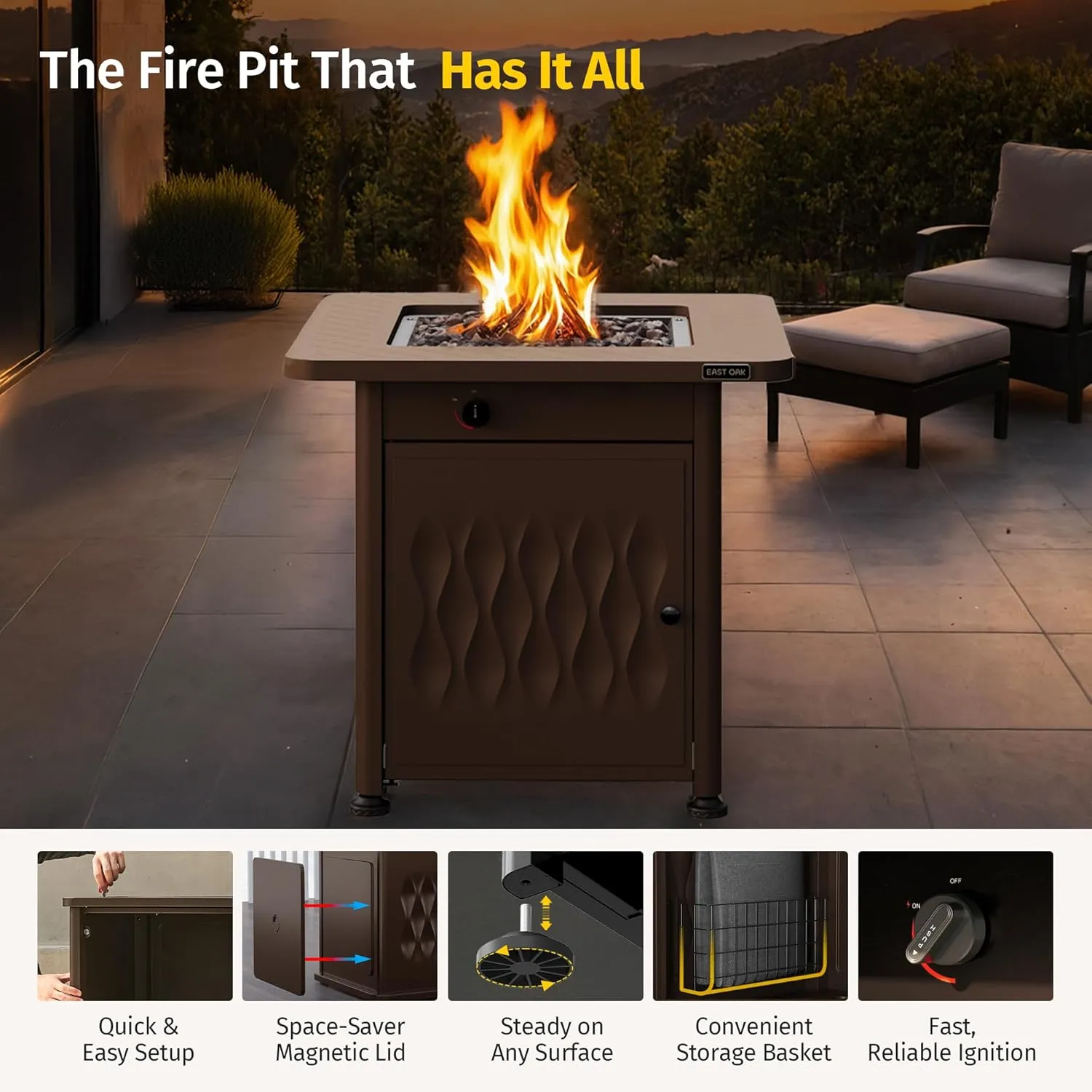 EAST OAK 28" Outdoor Propane Fire Pit Table | 52,000 BTU Gas Fire Pit Table for Outside with Magnetic Lid | Storage Basket & Lava Rocks | CSA Certified for Patio, Garden & Backyard | Brown