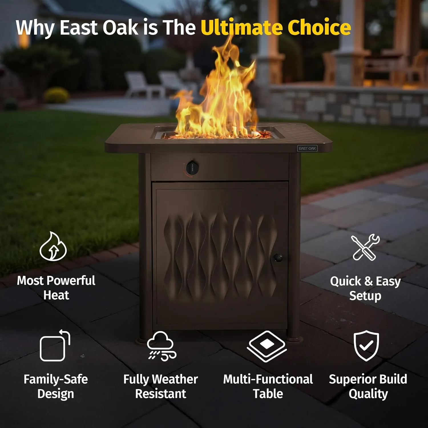 EAST OAK 28" Outdoor Propane Fire Pit Table | 52,000 BTU Gas Fire Pit Table for Outside with Magnetic Lid | Storage Basket & Lava Rocks | CSA Certified for Patio, Garden & Backyard | Brown