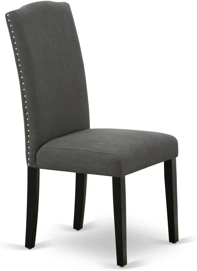 East West Furniture ENP1T20 Encinal Parson Dining Room Chairs - Nailhead Trim Dark Gotham Linen Fabric Padded Chairs, Set of 2, Black