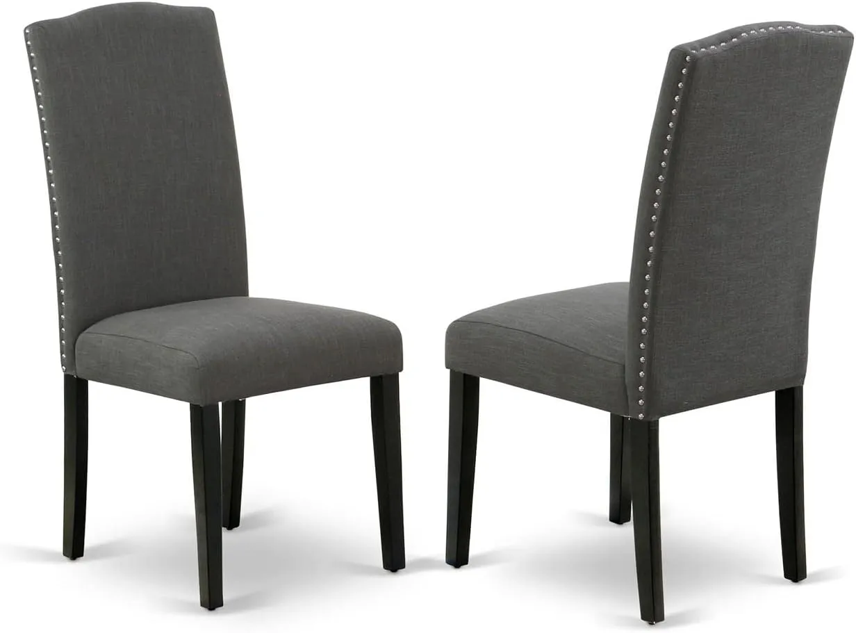 East West Furniture ENP1T20 Encinal Parson Dining Room Chairs - Nailhead Trim Dark Gotham Linen Fabric Padded Chairs, Set of 2, Black