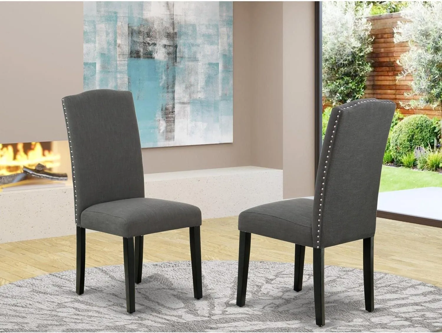 East West Furniture ENP1T20 Encinal Parson Dining Room Chairs - Nailhead Trim Dark Gotham Linen Fabric Padded Chairs, Set of 2, Black