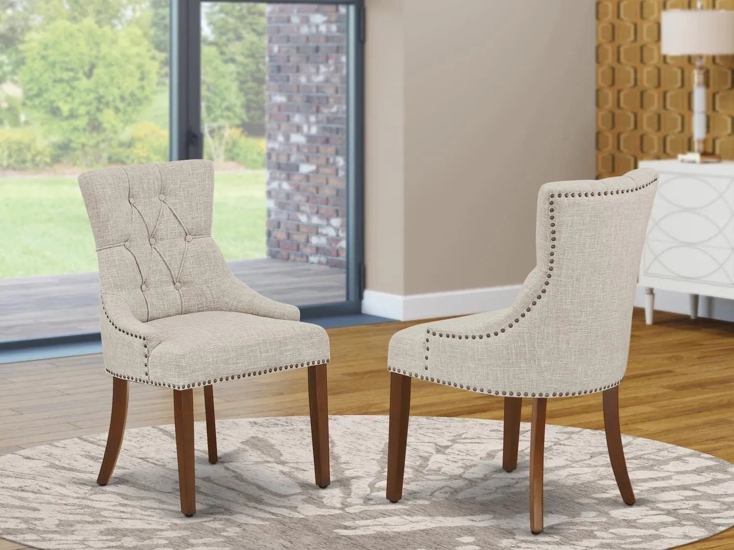East West Furniture FRP3T05 Friona Parson Dining Chairs - Button Tufted Nailhead Trim Doeskin Linen Fabric Upholstered Chairs, Set of 2, Mahogany