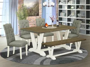 East West Furniture V076EL207-6 6 Piece Kitchen Table & Chairs Set Contains a Rectangle Wooden Table and 4 Gray Linen Fabric Parson Chairs with a Bench, 36x60 Inch, Multi-Color