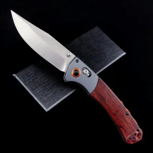 EDC Folding Pocket Knife, Axis Lock Knife with Clip Point D2 Blade, Wood Handle, Thumb Stud Manual Open Camping Folding Knife for Outdoor (Orange)
