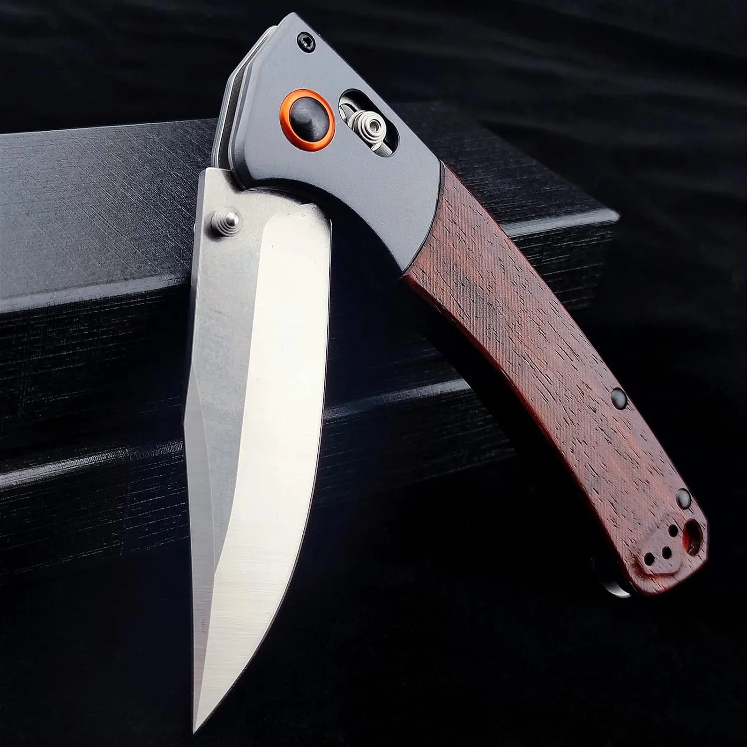 EDC Folding Pocket Knife, Axis Lock Knife with Clip Point D2 Blade, Wood Handle, Thumb Stud Manual Open Camping Folding Knife for Outdoor (Orange)