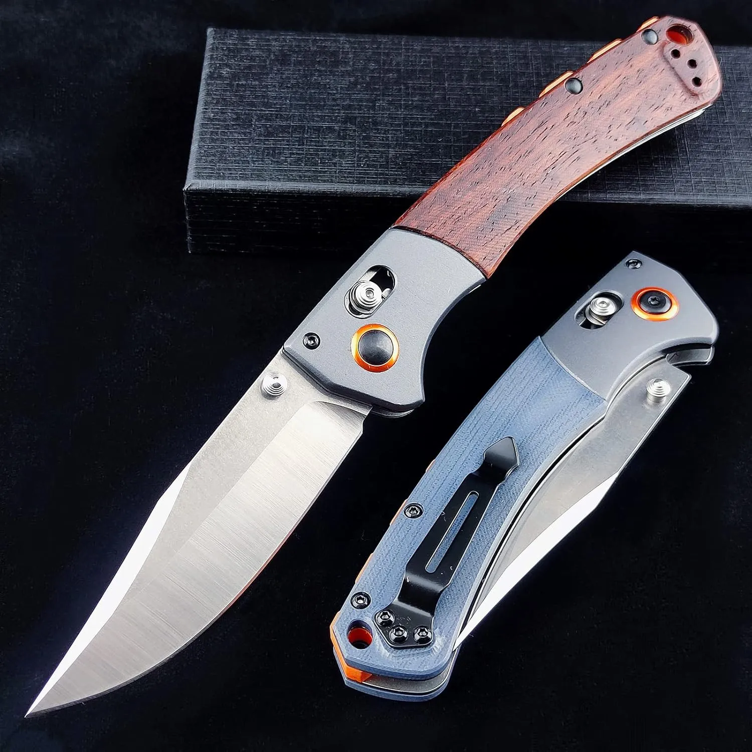 EDC Folding Pocket Knife, Axis Lock Knife with Clip Point D2 Blade, Wood Handle, Thumb Stud Manual Open Camping Folding Knife for Outdoor (Orange)