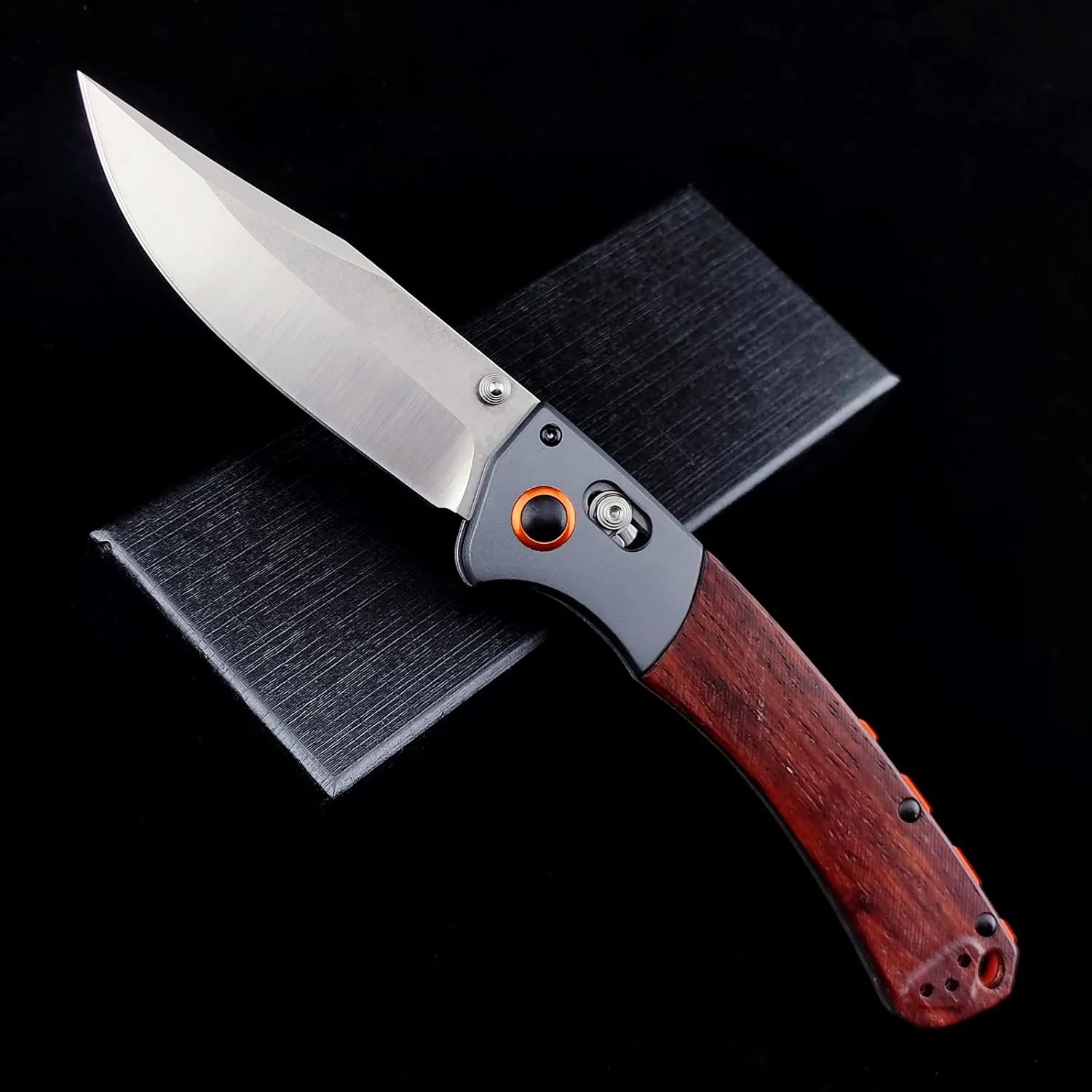 EDC Folding Pocket Knife, Axis Lock Knife with Clip Point D2 Blade, Wood Handle, Thumb Stud Manual Open Camping Folding Knife for Outdoor (Orange)