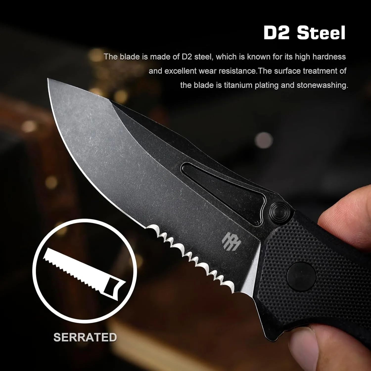 EDC Pocket Knife Rhino 0212, 3" D2 Steel Blade Durable G10 Handle, Folding Pocket Knives with Reversible Pocket Clip, Sharp Camping Hiking Pocket Knife for Men (Black sawtooth)
