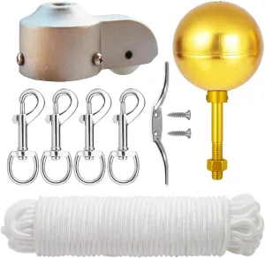 EKEV Flag Pole Hardware Parts Repair Kits - 3" Topper Gold Ball   50 Ft Halyard Rope   6" Cleat Hook   4 Flag Swivel Snap Hooks   Flagpole Pulley Truck for 2" OD Tube