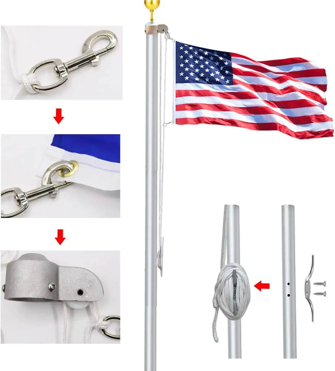 EKEV Flag Pole Hardware Parts Repair Kits - 3" Topper Gold Ball   50 Ft Halyard Rope   6" Cleat Hook   4 Flag Swivel Snap Hooks   Flagpole Pulley Truck for 2" OD Tube