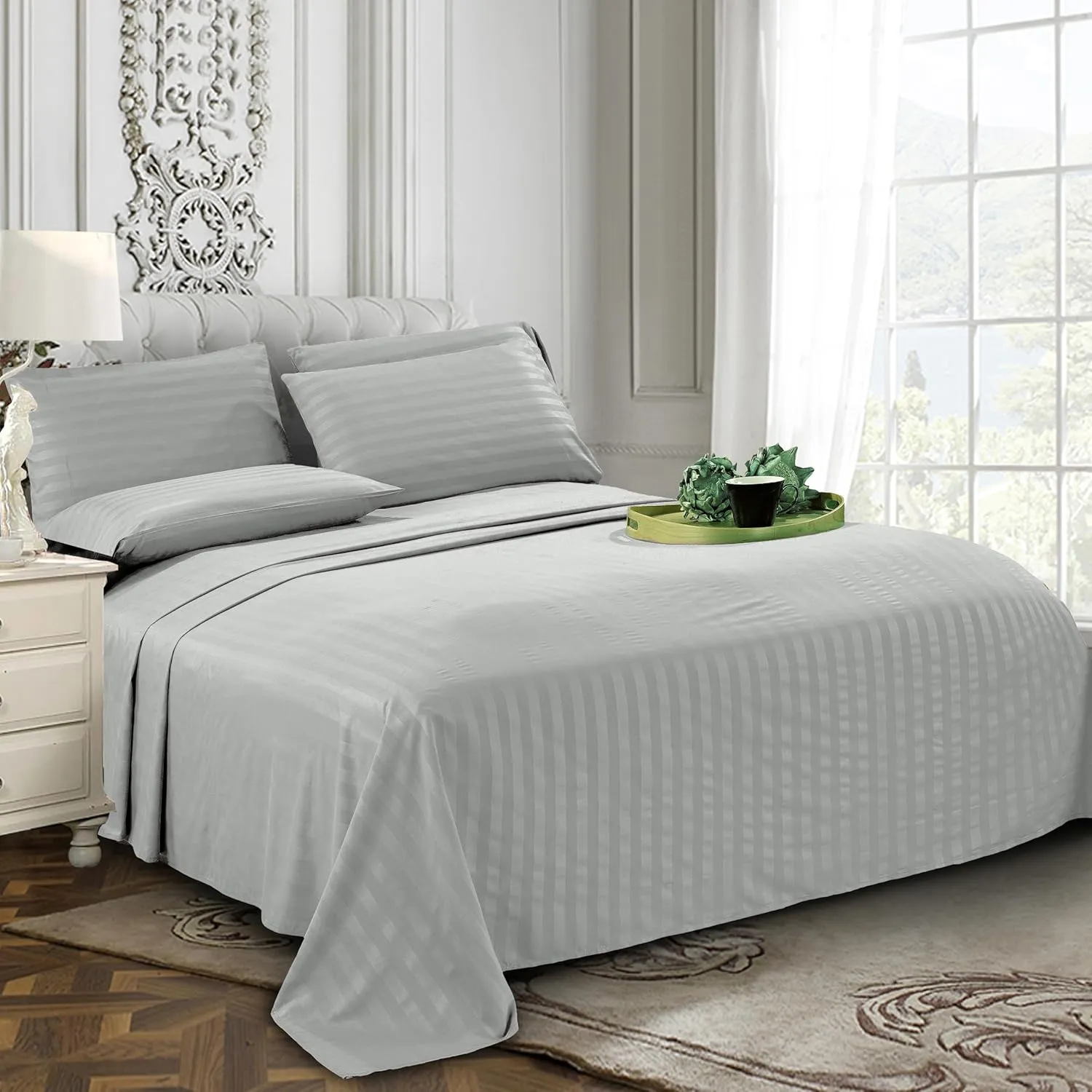 Elegant Comfort Softest and Coziest 6-Piece Sheet Set - 1500 Premium Hotel Quality Microfiber - Deep Pocket, Wrinkle Resistant 6-Piece Damask Stripe Bed Sheet Set, California King, Silver