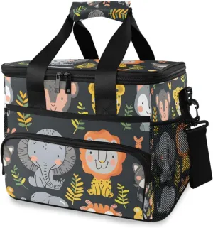 Elephant Lion Forest Animals Black Cooler Bag Insulated Cooler Soft Sided Cooler 24 Can Portable Picnic Bag Large Leakproof Lunch Bag Box for Beach Grocery Camping Travel Car Men Women