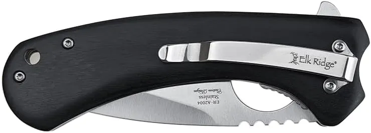 Elk Ridge Drop Point Folding Knife, 3.48" Satin Blade, Wood Handle, Pocket Clip, 8.18" Overall Length, Survival, EDC (Black)