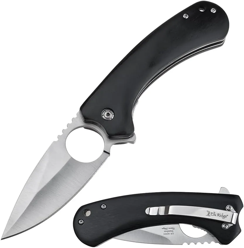 Elk Ridge Drop Point Folding Knife, 3.48" Satin Blade, Wood Handle, Pocket Clip, 8.18" Overall Length, Survival, EDC (Black)