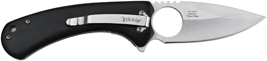 Elk Ridge Drop Point Folding Knife, 3.48" Satin Blade, Wood Handle, Pocket Clip, 8.18" Overall Length, Survival, EDC (Black)