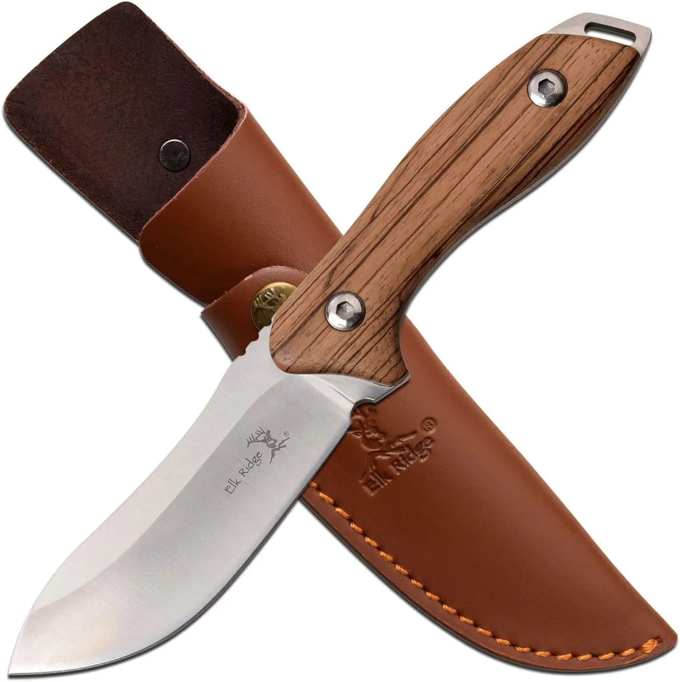 Elk Ridge - Outdoors Fixed Blade Knife - 9-in Overall, 4-in Stainless Steel Blade, Full Tang Construction, Zebra Wood Handle, Leather Sheath - Hunting, Camping, Survival - ER-200-03D