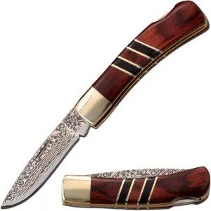 Elk Ridge - Outdoors Manual Folding Gentleman's Knife - Stainless Steel Blade w/Damascus Pattern, Brown Wood Handle w/Black Wood Inlay, Nickle Silver Bolster - EDC, Camping, Hunting - ER-951WBCR