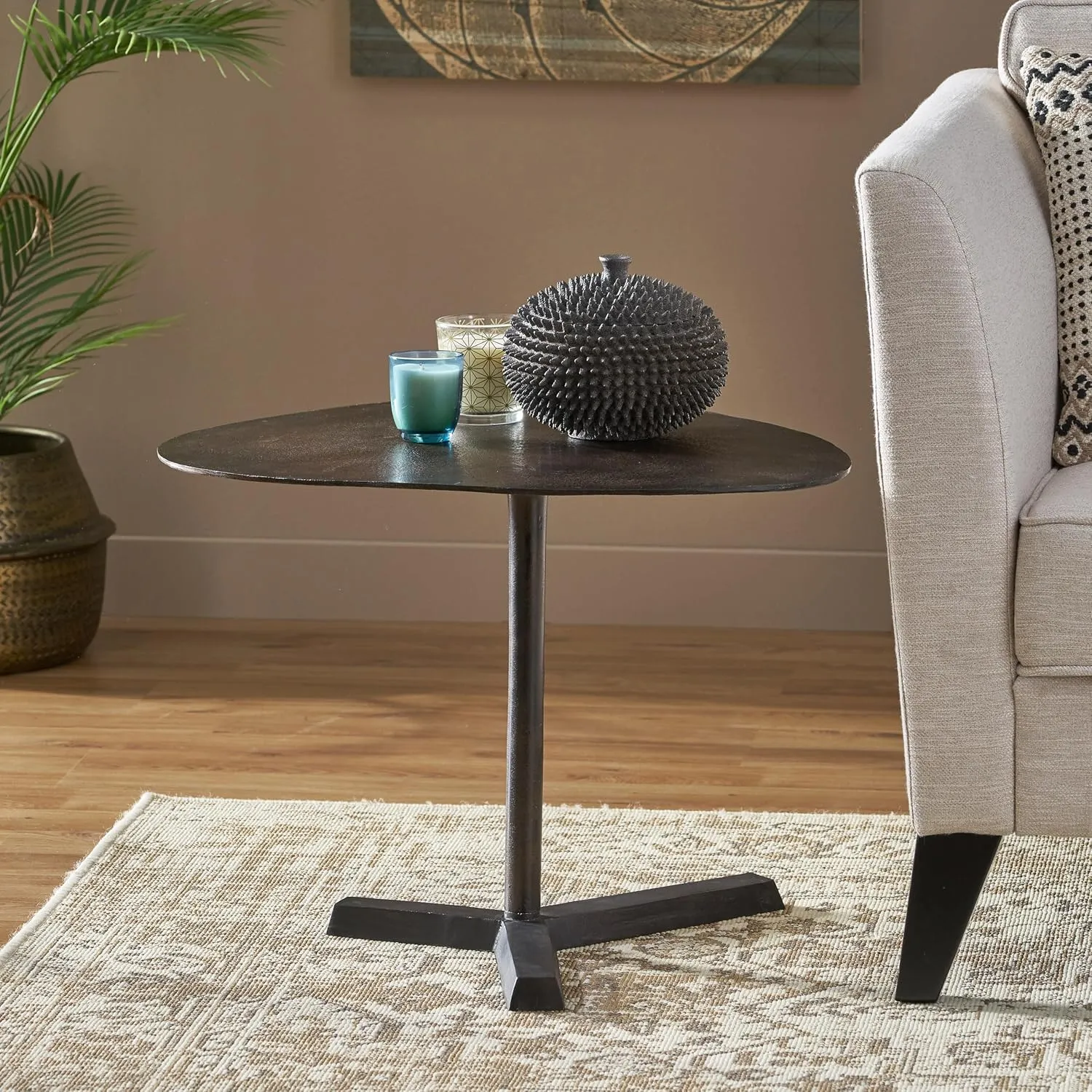 Elliptical Table with Tripod Stand, Handcrafted Aluminum Design, Modern Industrial Style, Raw Bronze Finish, Perfect Accent for Any Room