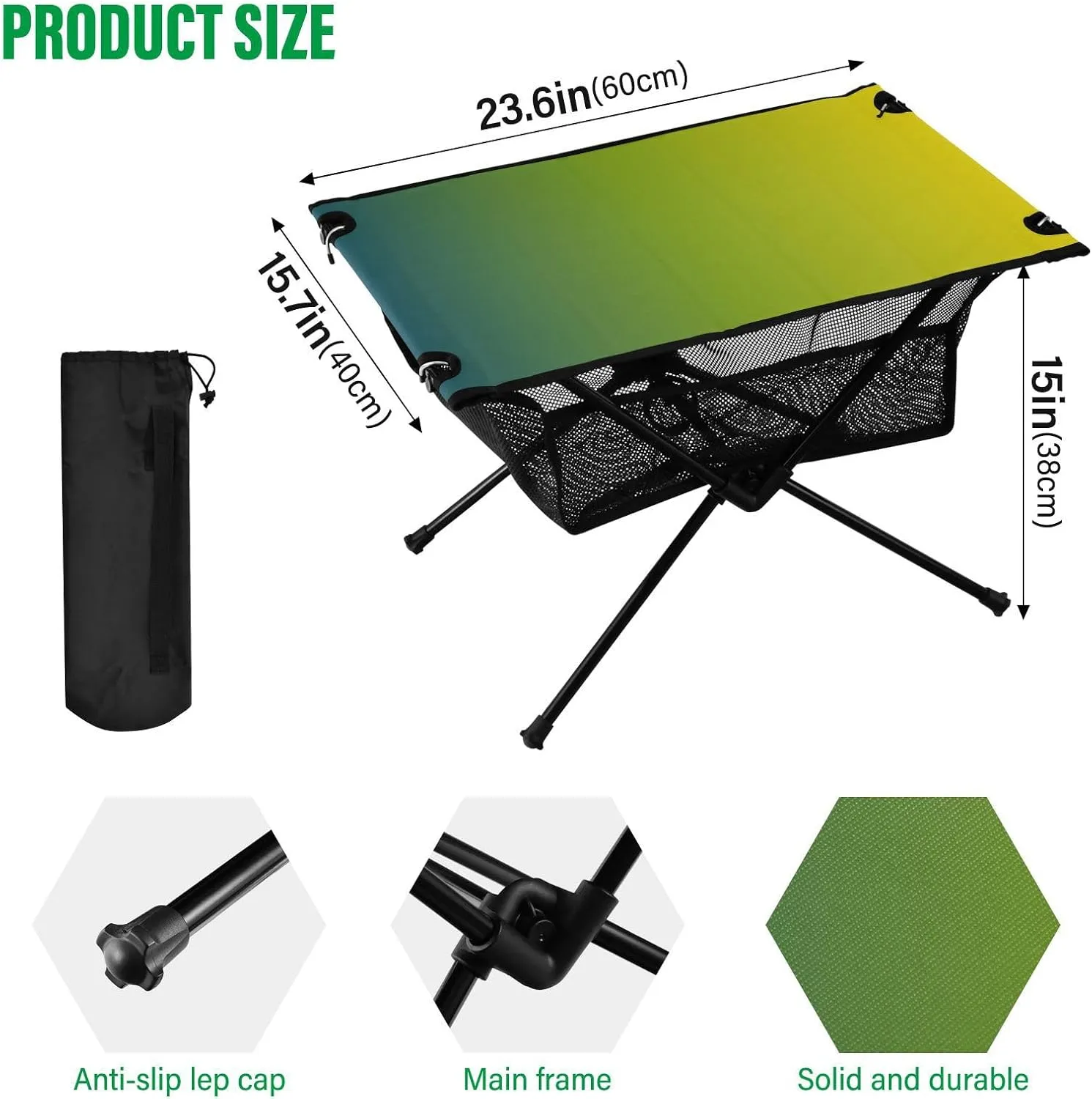 Emelivor Green Yellow Gradient Folding Camping Table Portable Beach Table with Carry Bag Small Camp Table for Camping Picnic Garden Fishing Hiking