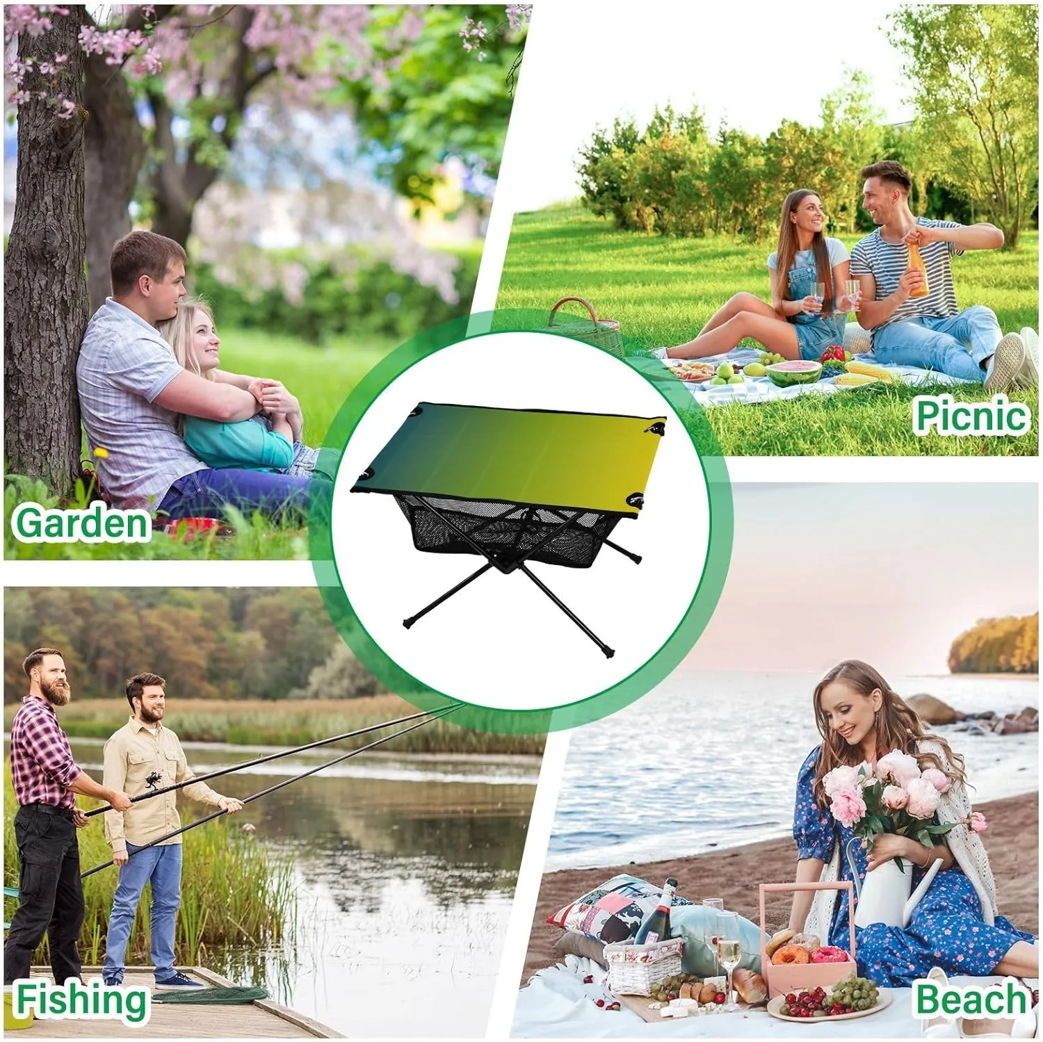 Emelivor Green Yellow Gradient Folding Camping Table Portable Beach Table with Carry Bag Small Camp Table for Camping Picnic Garden Fishing Hiking
