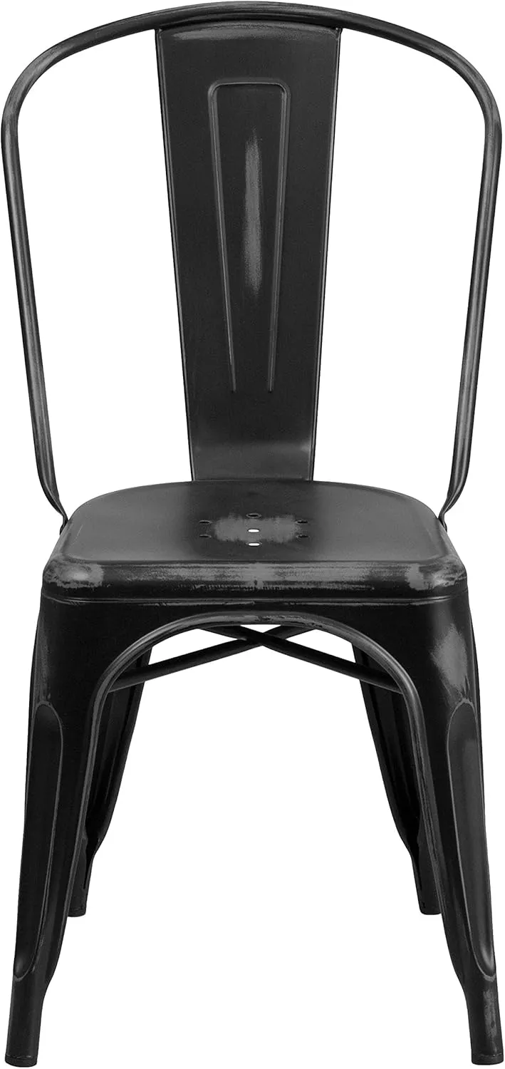EMMA   OLIVER Commercial Grade Distressed Black Metal Indoor-Outdoor Stackable Chair