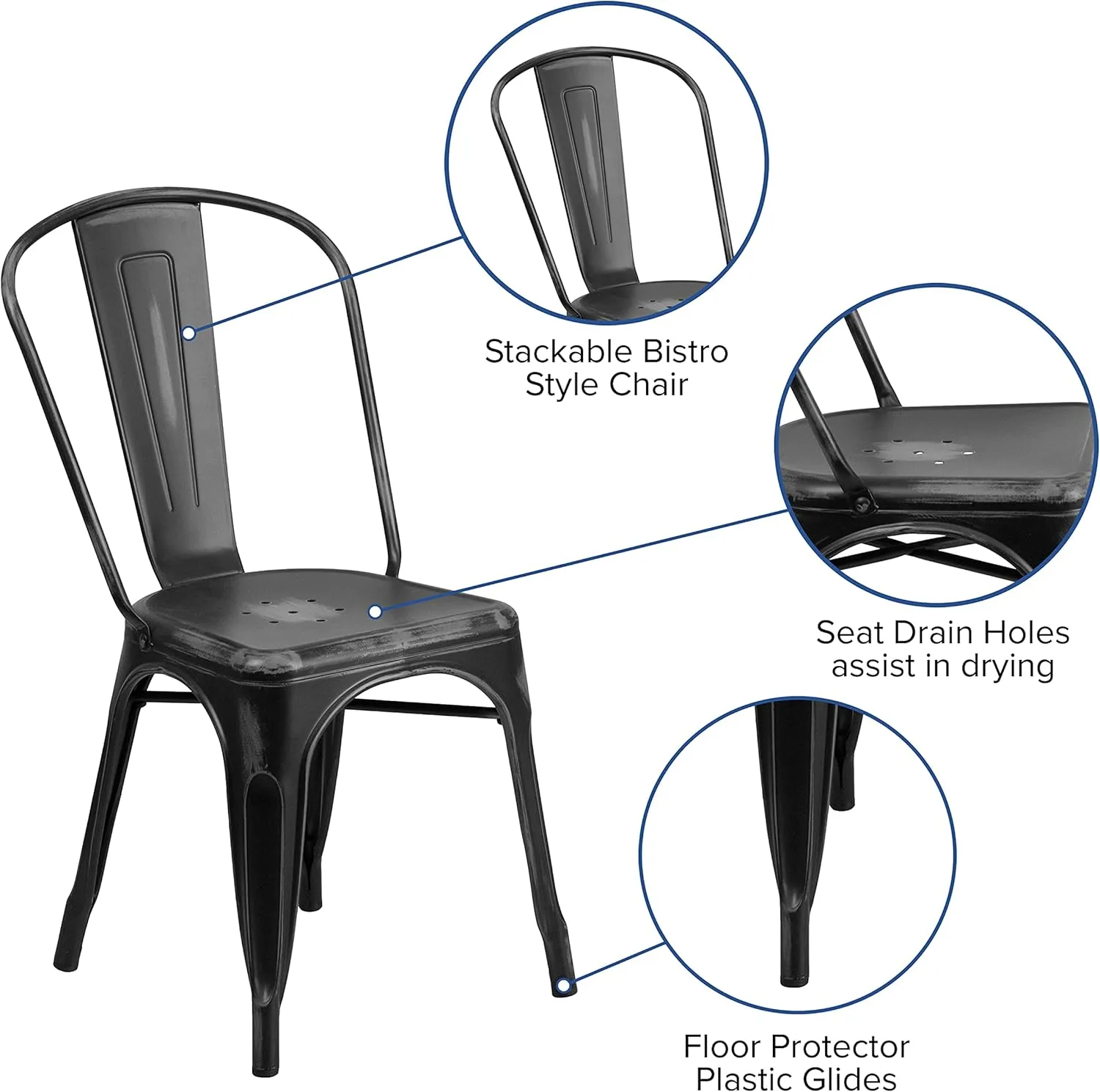 EMMA   OLIVER Commercial Grade Distressed Black Metal Indoor-Outdoor Stackable Chair