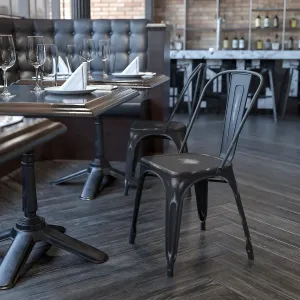 EMMA   OLIVER Commercial Grade Distressed Black Metal Indoor-Outdoor Stackable Chair