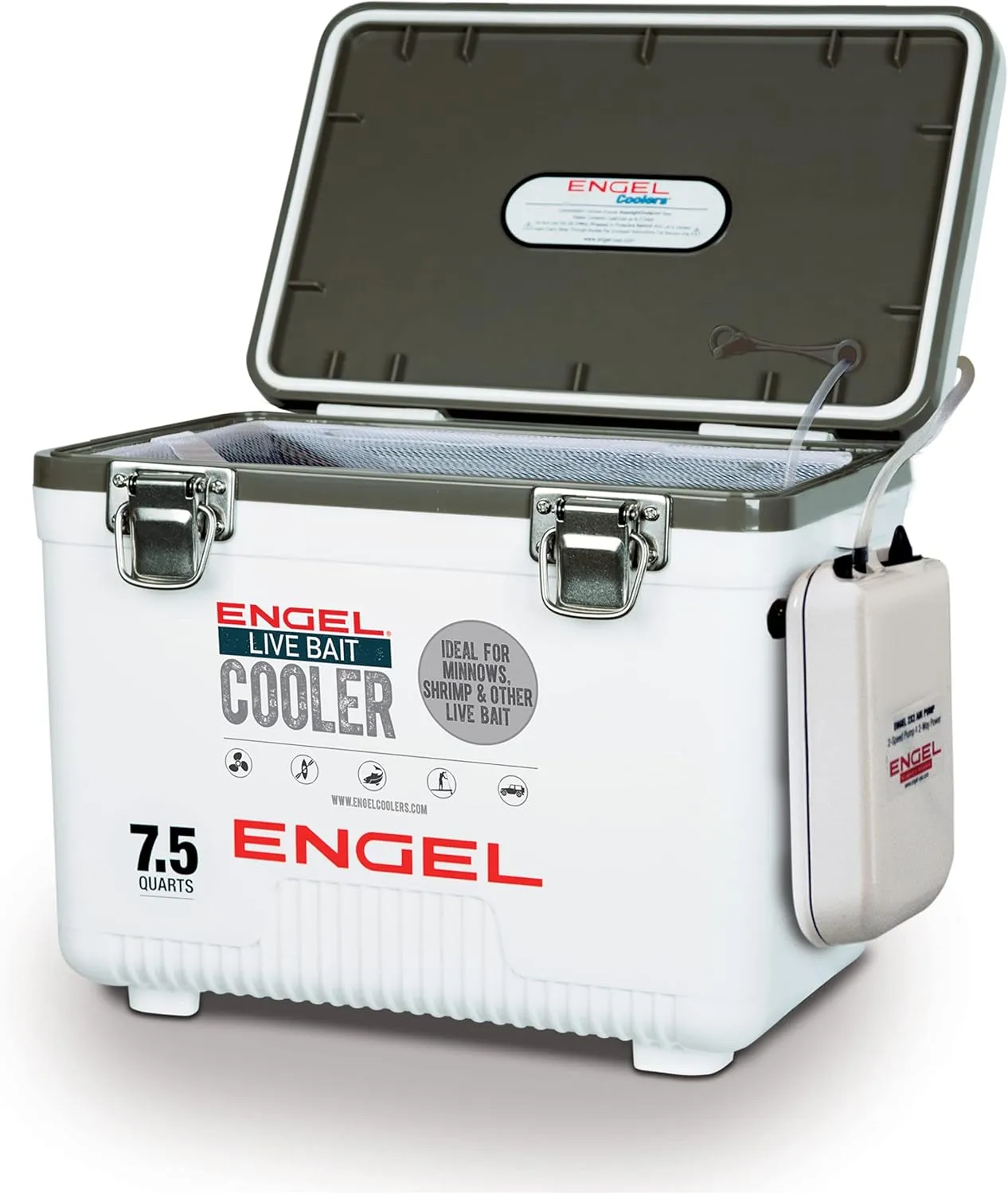 Engel Live Bait Cooler Box with 2nd Gen 2-Speed Aerator Pump - Portable Fishing Station & Minnow Bucket for Shrimp & Other Live Fish with Aerator - ENGLBC-N