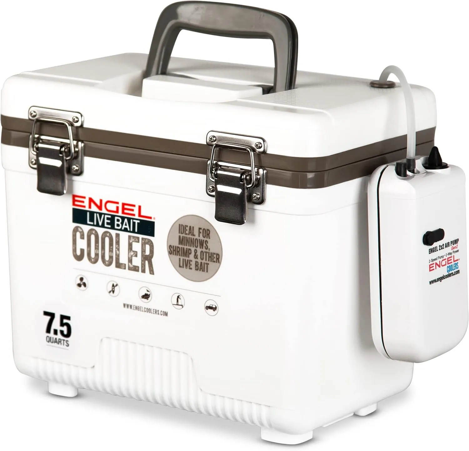 Engel Live Bait Cooler Box with 2nd Gen 2-Speed Aerator Pump - Portable Fishing Station & Minnow Bucket for Shrimp & Other Live Fish with Aerator - ENGLBC-N