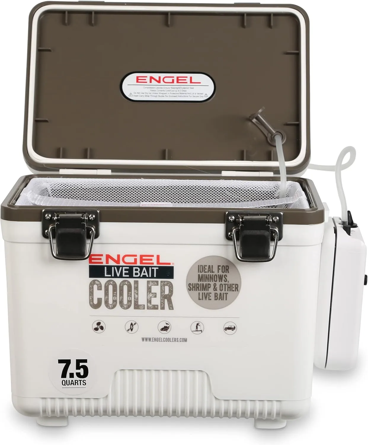 Engel Live Bait Cooler Box with 2nd Gen 2-Speed Aerator Pump - Portable Fishing Station & Minnow Bucket for Shrimp & Other Live Fish with Aerator - ENGLBC-N