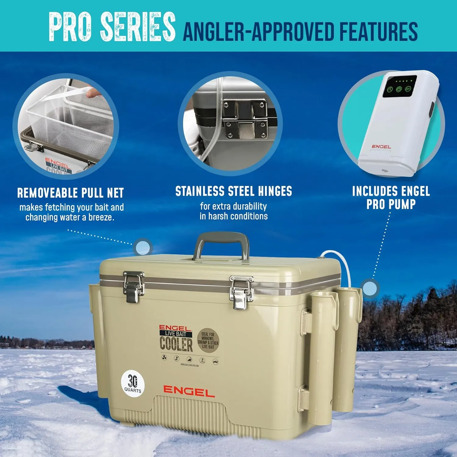 ENGEL Live Bait Cooler PRO for Fishing - Portable Minnow and Bait Bucket with Lithium-Ion Rechargeable Aerator