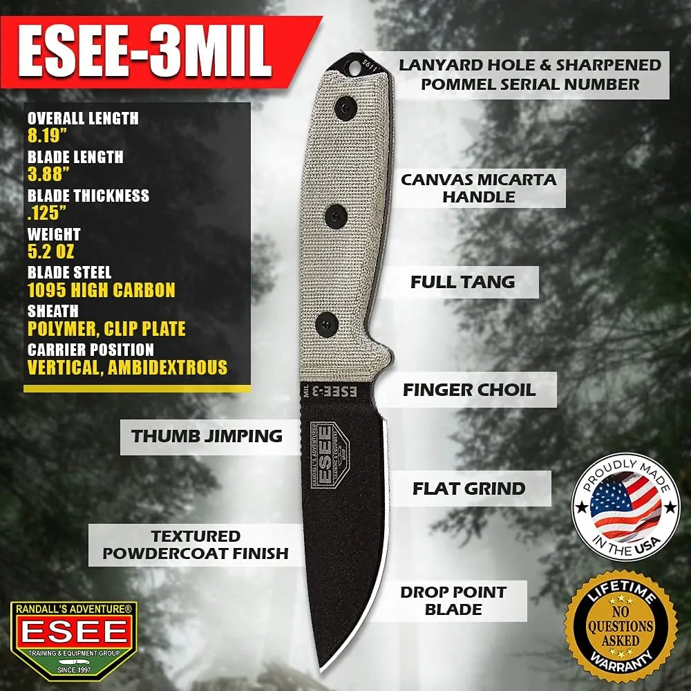 ESEE Knives 3MIL Fixed Blade Knife w/Molded Sheath & MOLLE Back