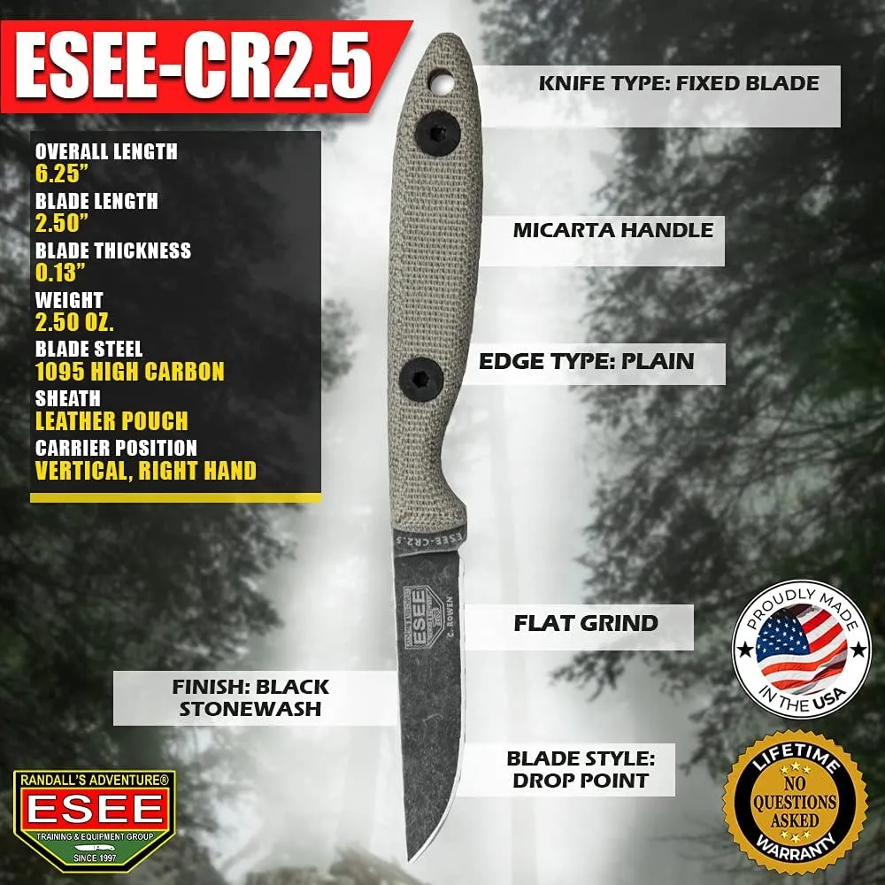 ESEE Knives Cody Rowen CR2.5 Hunting Camping Fixed Blade Knife w/Leather Sheath (Black Oxide)