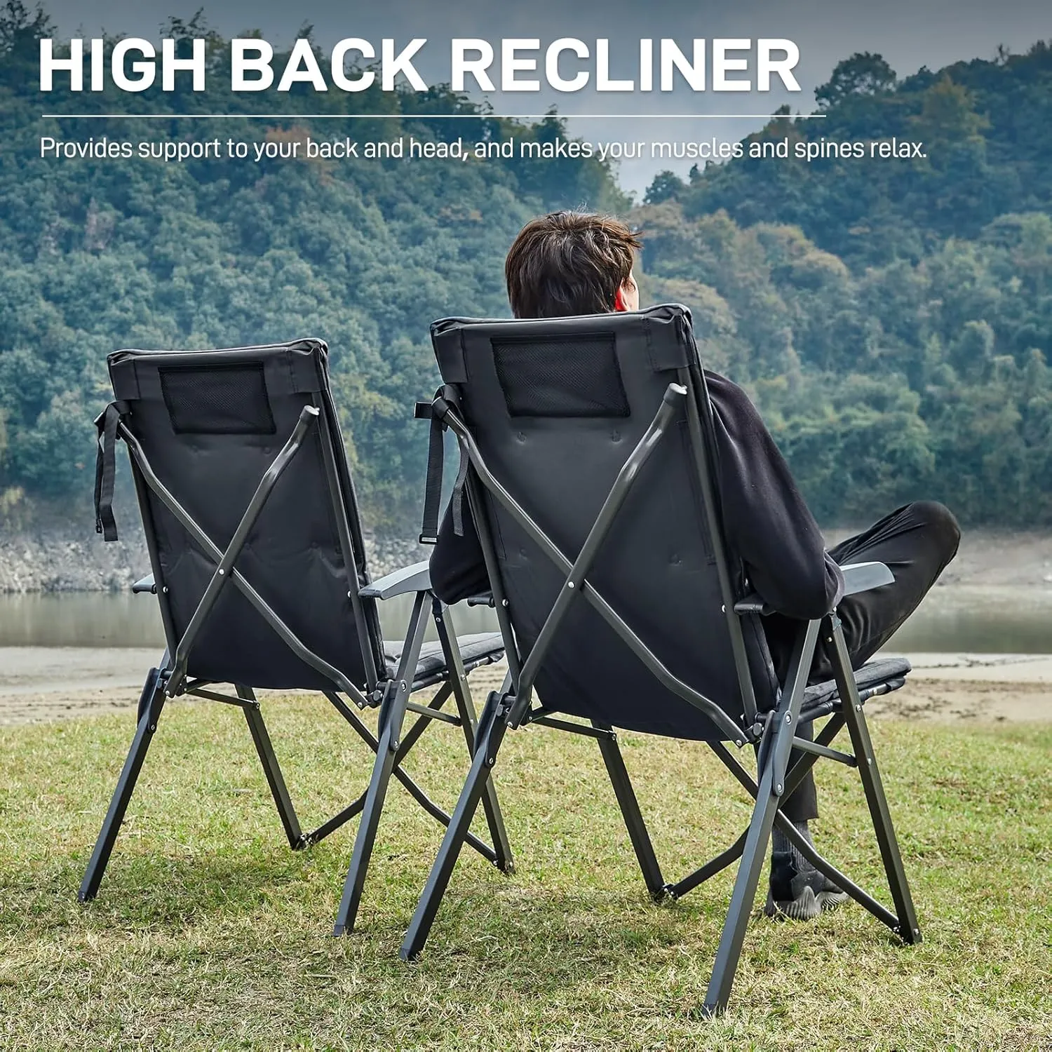 EVER ADVANCED Folding Camping Recliner Chair Fully Padded with Adjustable High Back Support Portable for Adults Patio Reclining Chair, Black