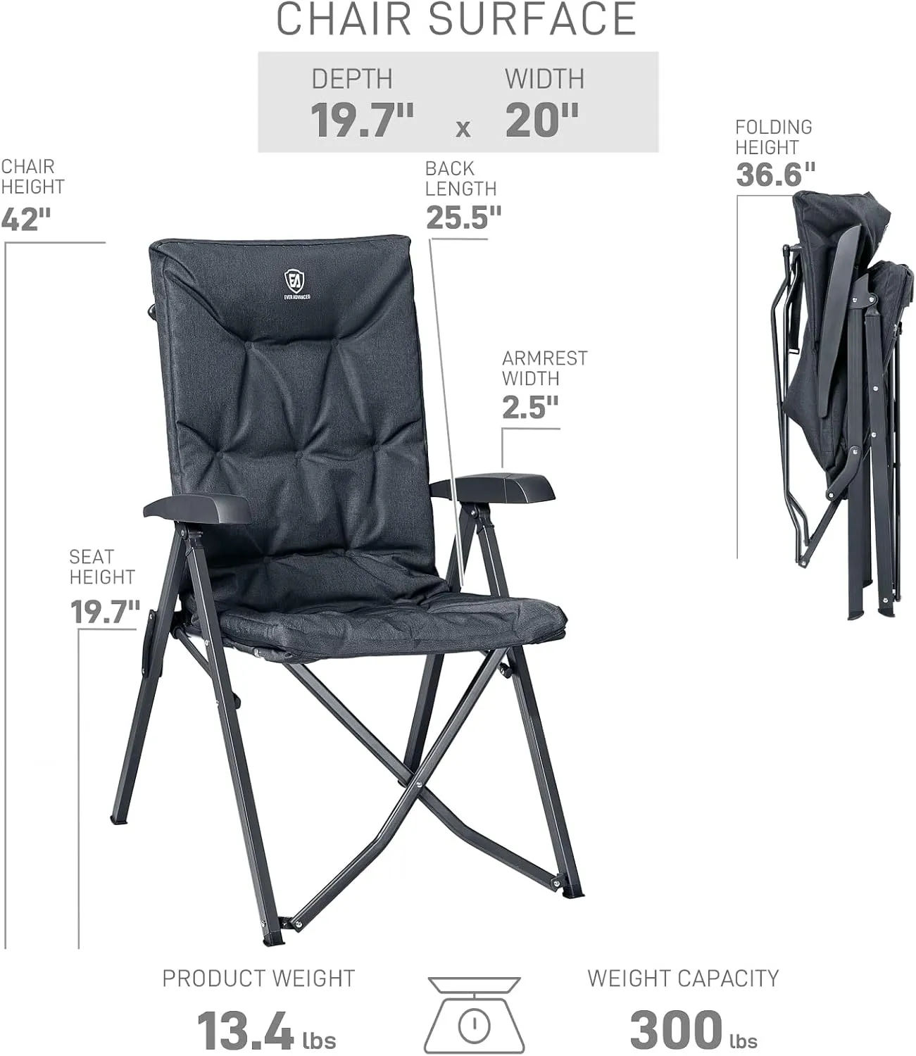 EVER ADVANCED Folding Camping Recliner Chair Fully Padded with Adjustable High Back Support Portable for Adults Patio Reclining Chair, Black