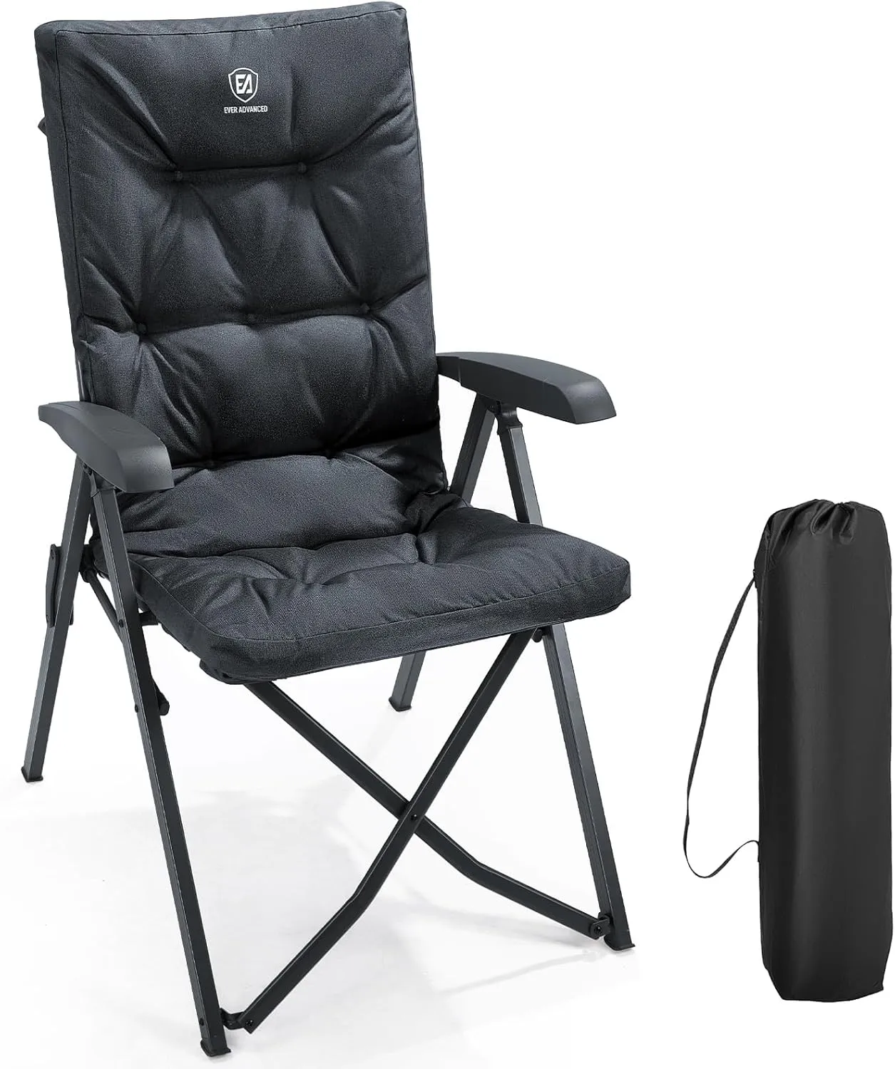EVER ADVANCED Folding Camping Recliner Chair Fully Padded with Adjustable High Back Support Portable for Adults Patio Reclining Chair, Black