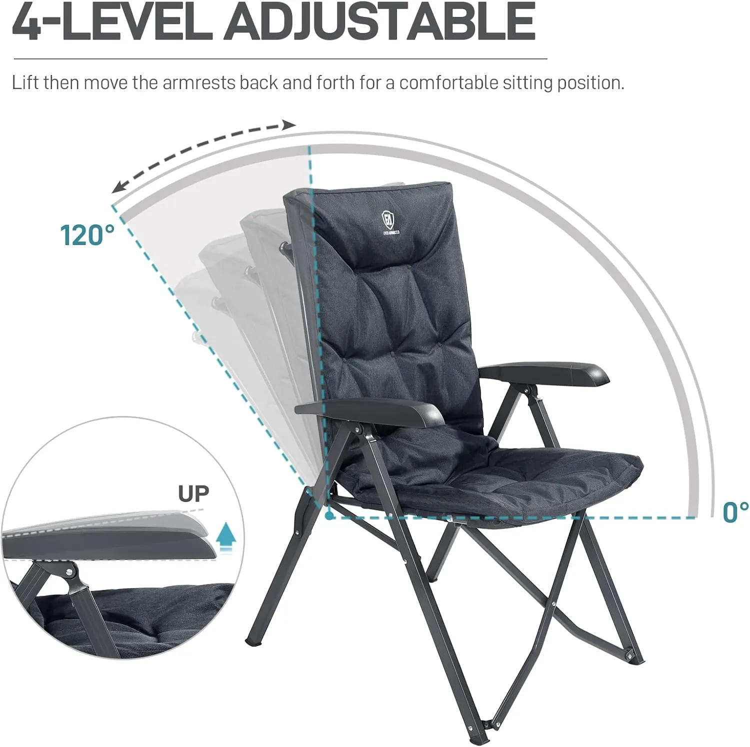 EVER ADVANCED Folding Camping Recliner Chair Fully Padded with Adjustable High Back Support Portable for Adults Patio Reclining Chair, Black